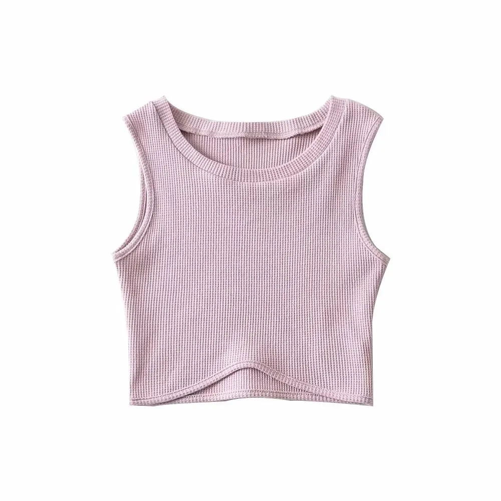 Slim-fit Sleeveless Waffle High Waist Short Solid Color Vest - Pink