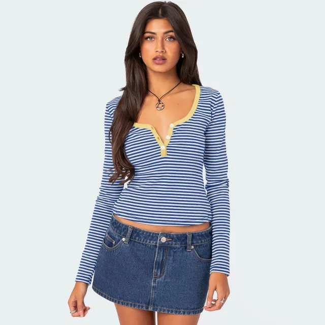 Contrast Color Striped Sweater Women's Button Slim T shirt Yellow - Shop at LoveMi