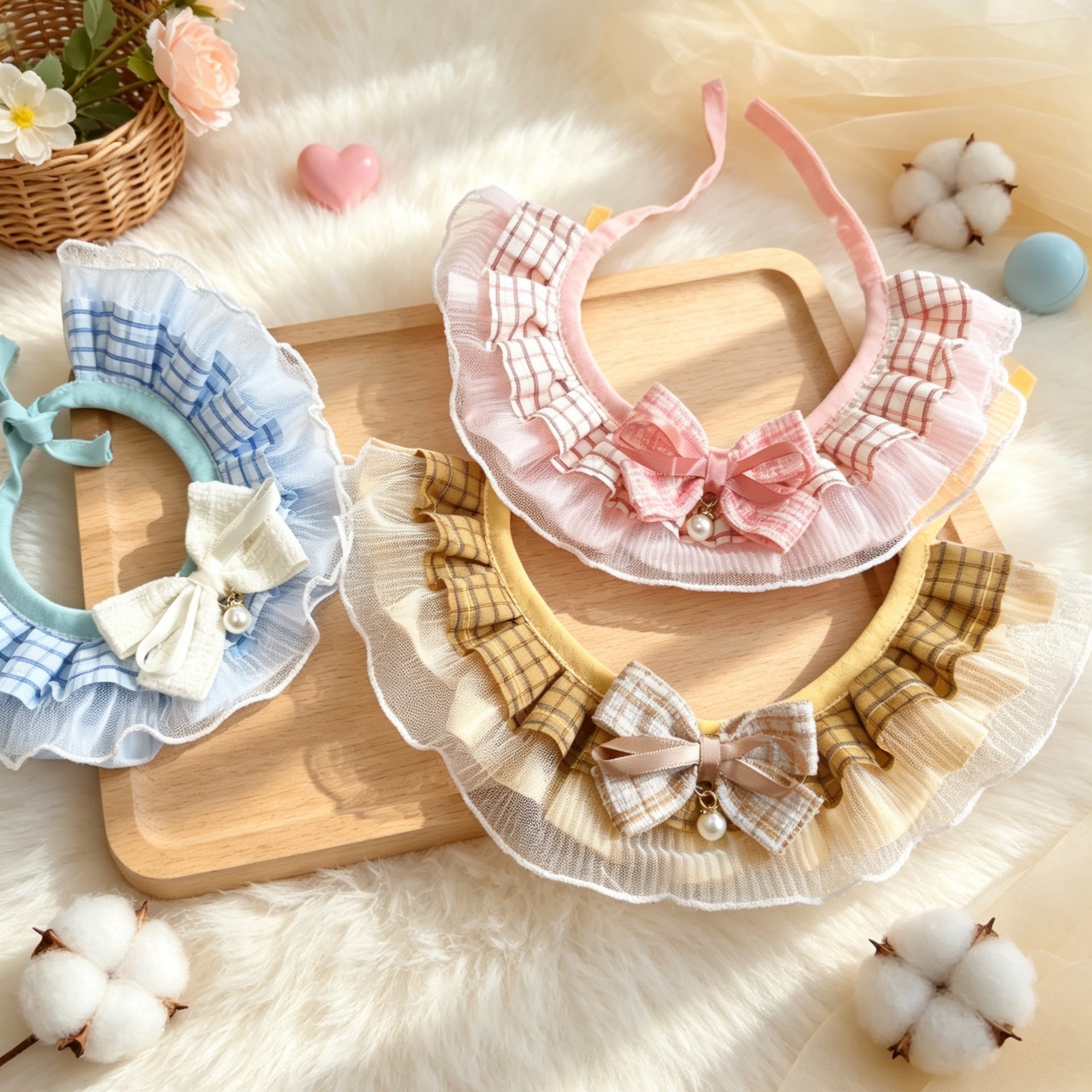 Lace Scarf Small To Medium-sized Plaid Bow Pearl Collar Decoration