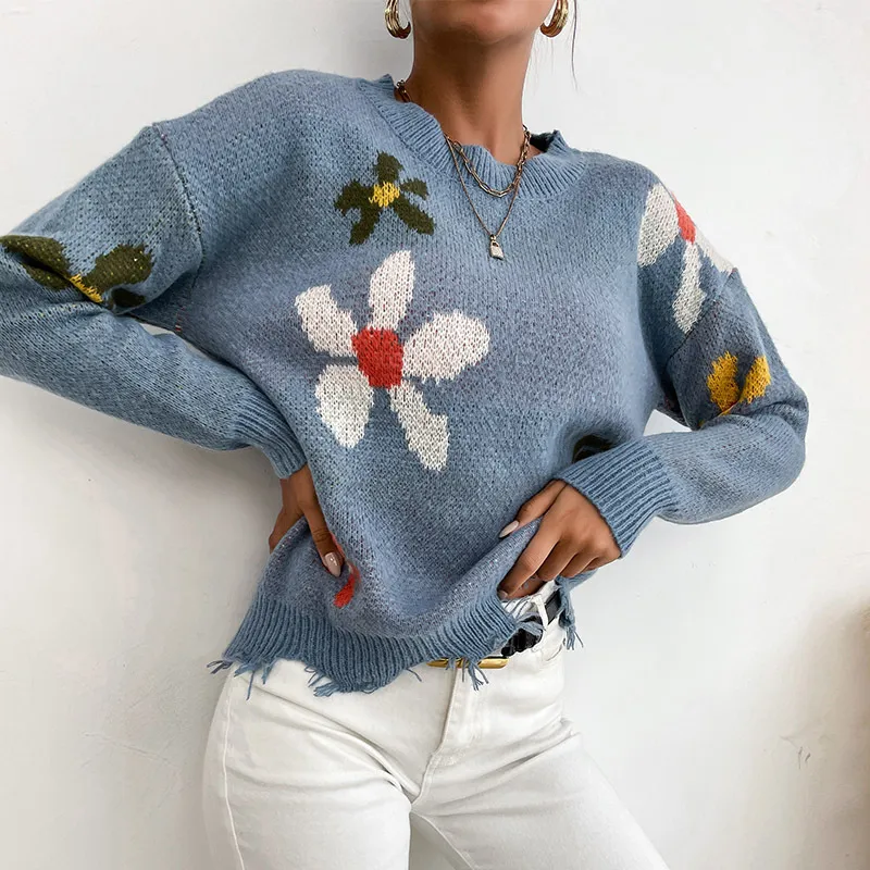 Knitted Blue Hedging Flower Brocade Sweater - Blue