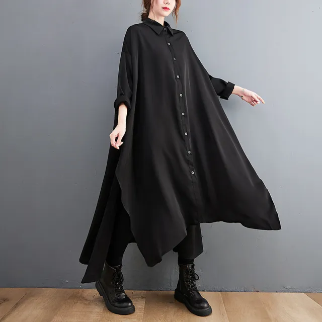 Loose Long Large Slit Shirt Dress For Women Black - Shop at LoveMi