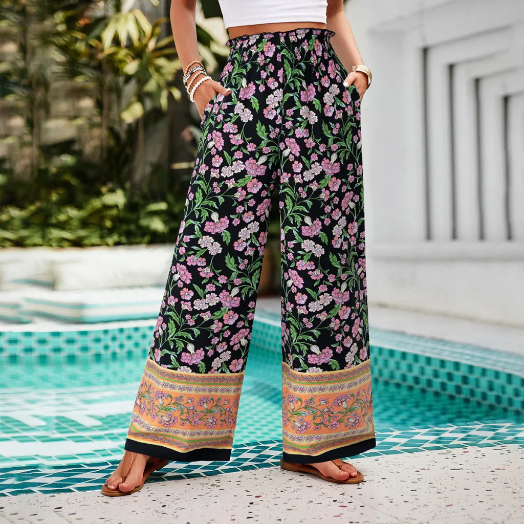 Fashion Women's Wear Printed Smocking Trousers - Black