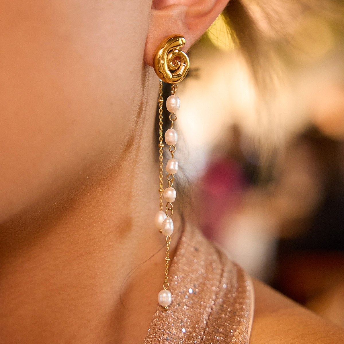 18K Gold High-end Tassel Pearl Earrings
