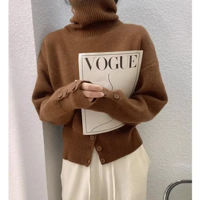 Design High Waist Button Retro Lazy Style Wear Sweater Brown - Shop at LoveMi