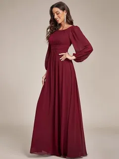 Women's Long Chiffon Evening Dress - Wine Red - View 1