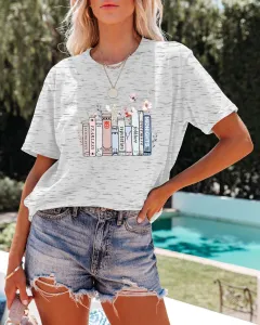 Summer New Book Flower T-shirt Cute Fashion Round Neck Pullover - Marble - View 1