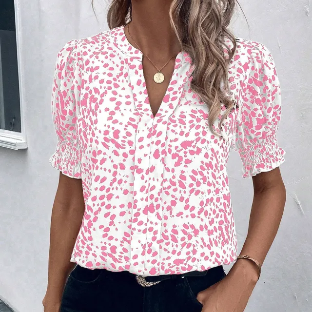 Women's Casual V Neck Printed Pleated Short Sleeve Chiffon Blouse White Powder - Shop at LoveMi