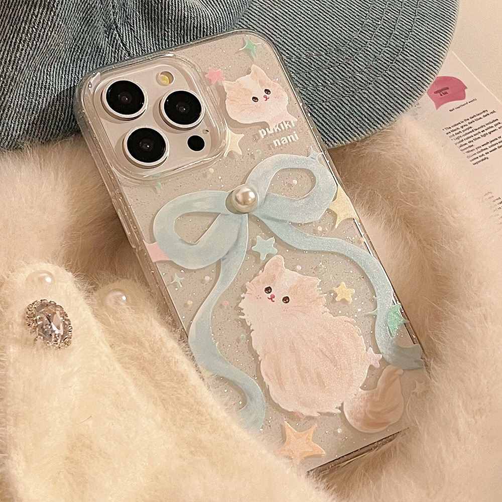 Glitter Phone Case With Bow And Cat Charm Lanyard