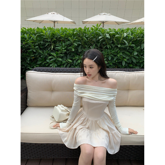 Off shoulder Elegant Black Design Pleated Long Sleeve Dress Spring And Autumn Women Apricot Beige - Shop at LoveMi