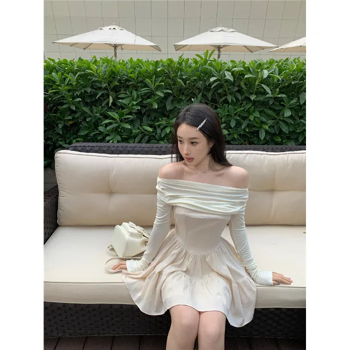 Off-shoulder Elegant Black Design Pleated Long Sleeve Dress Spring And Autumn Women - Apricot