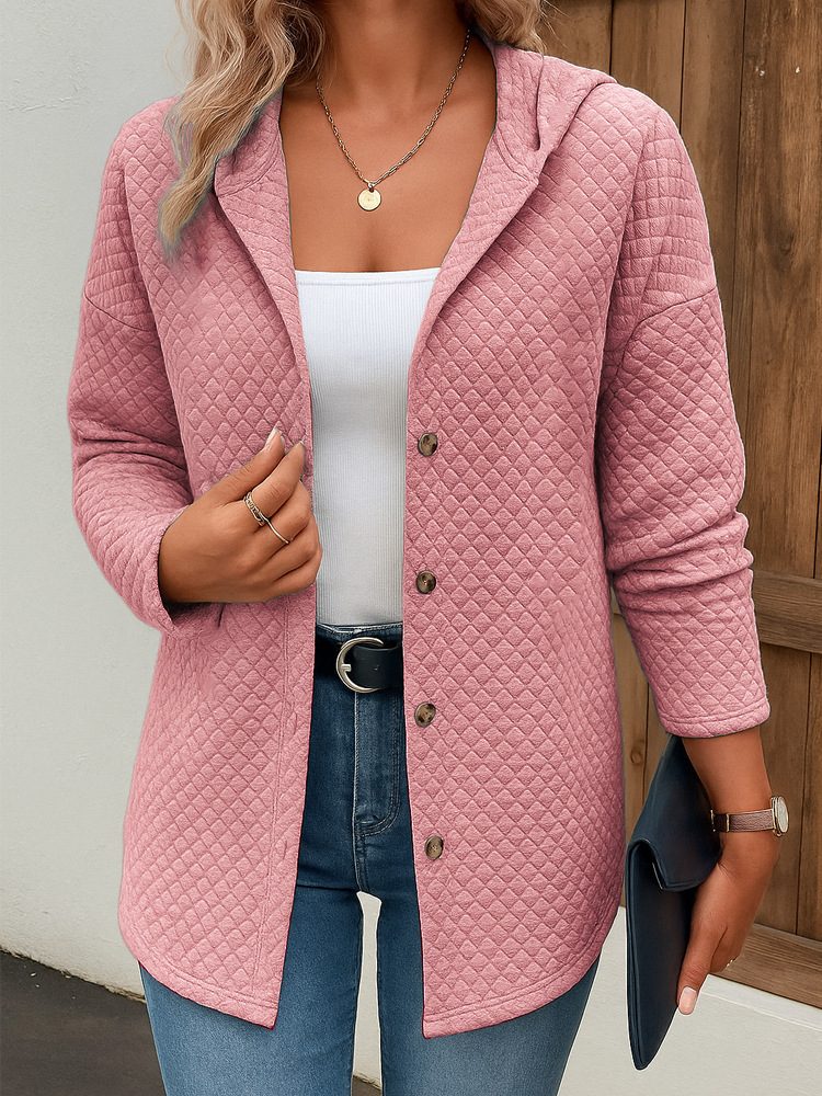 Women's Casual Loose Fashion Plaid Long Sleeve Cardigan Hoodie Coat Pink - Shop at LoveMi