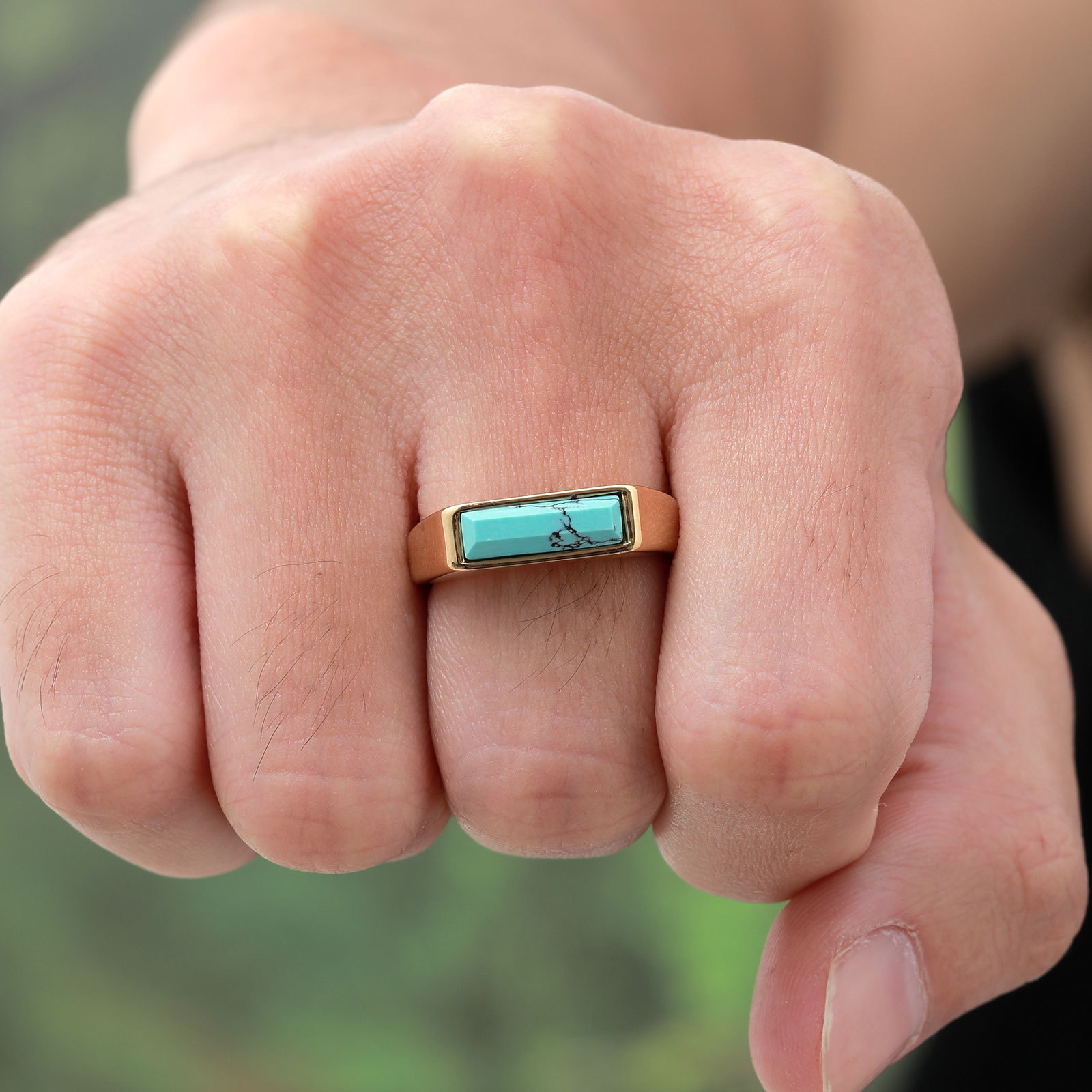 Ornament Cast Stainless Steel Turquoise Gold Ring