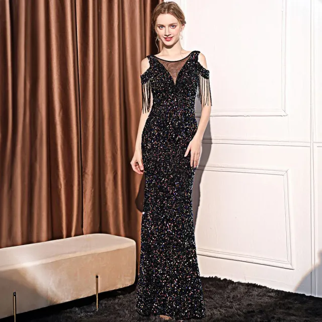 Sequin Long Slim Slimming Fishtail Dress Color Black 18580 - Shop at LoveMi