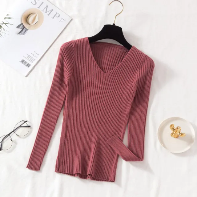 New V neck Long Sleeve Base Knitting Autumn All matching Slim Fit Tight Pullover Sweater Brick Red - Shop at LoveMi