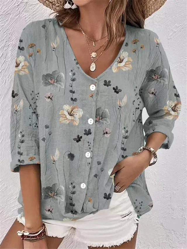 Women's V neck Button Chiffon Printed Cardigan Long Sleeved Shirt Gray - Shop at LoveMi