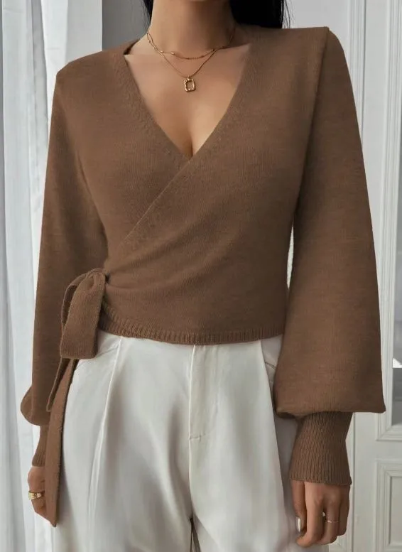 Autumn And Winter Irregular Lace up Elegant Wool Short Clothes Top Coffee - Shop at LoveMi