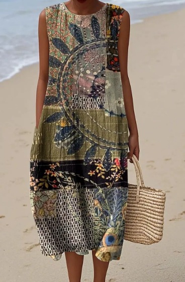 Pocketed Crew-neck Dress With Geometric And Floral Elements