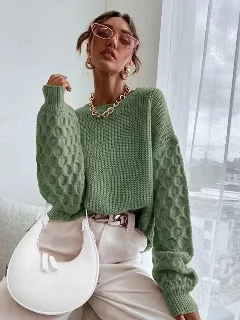 Pullover Knitting Round Neck Sweaters Bean Green - Shop at LoveMi