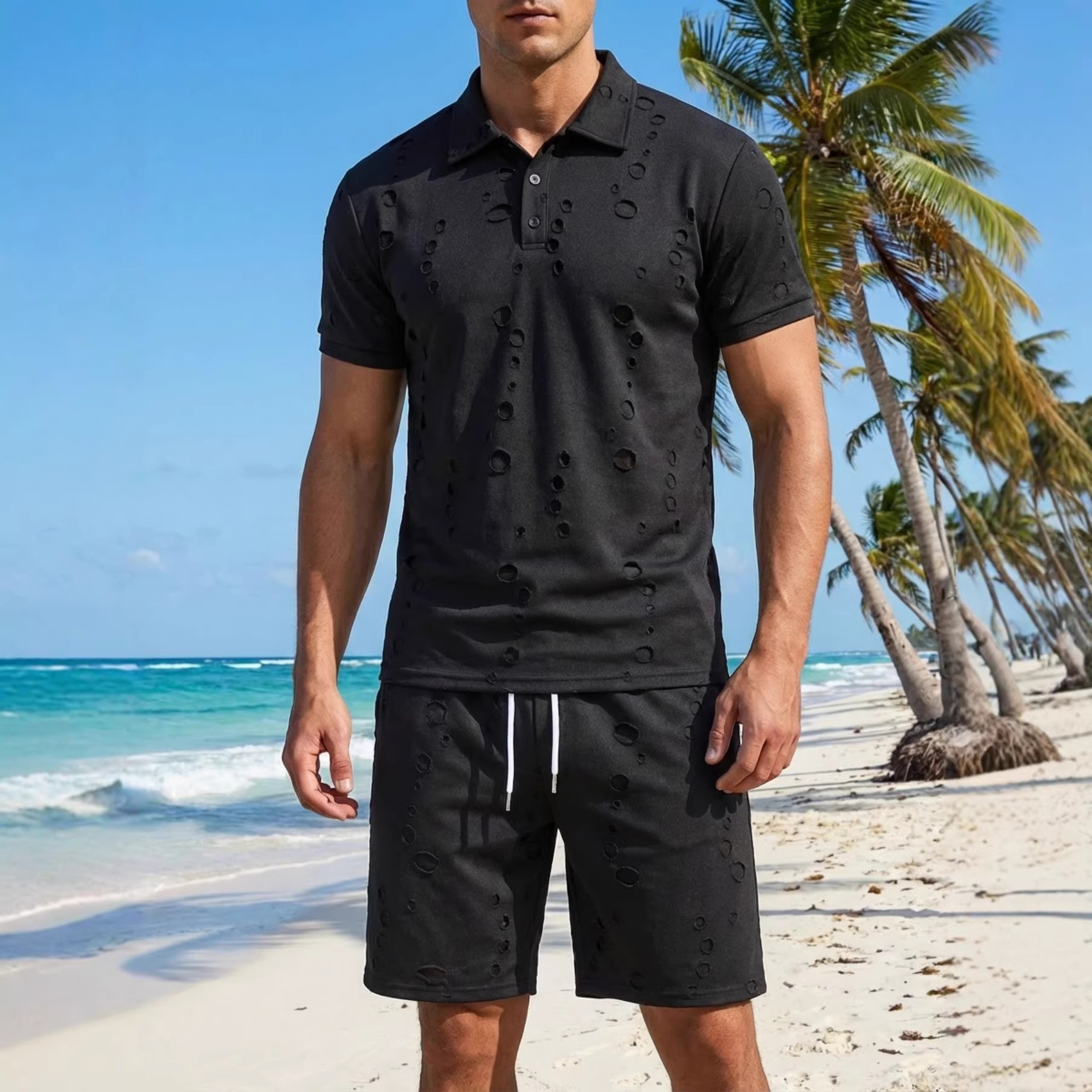 Summer Washed Distressed Polo Shirt With Buttons Mens Sports Polo Tee