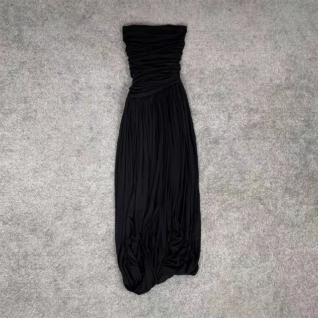 Modal Rotating Simple Pleated Tube Top Long Dress Women Black - Shop at LoveMi