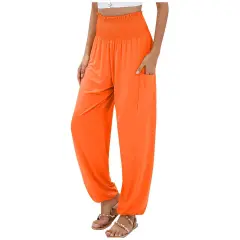 Elastic-waist High Waist Wide-leg Casual Trousers - Orange Red - View 1