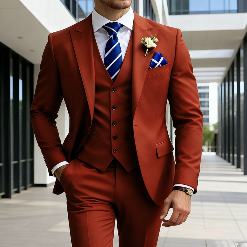 Mens Three-Piece Solid-Color High-End Stylish Suit With A Sophisticated Vibe
