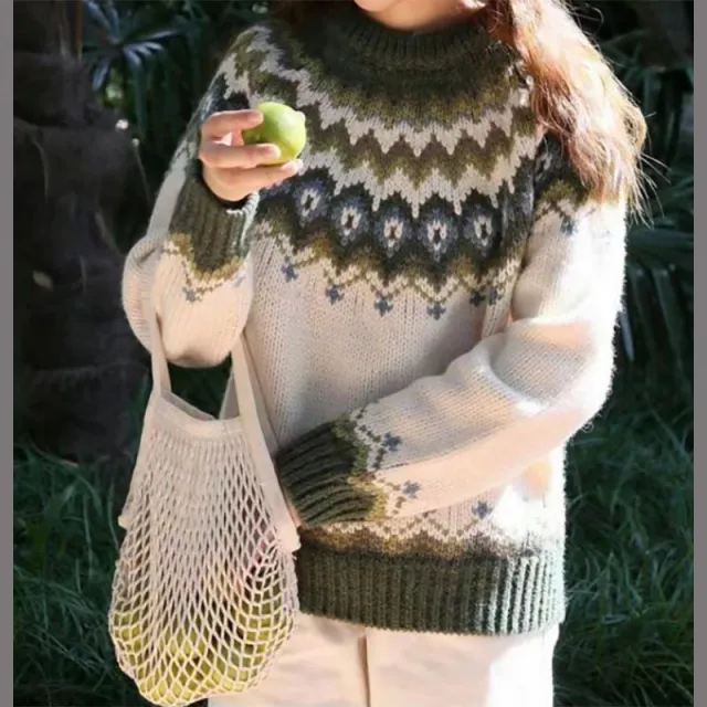 Round Neck Pullover Jacquard Vintage Print Sweater Green - Shop at LoveMi
