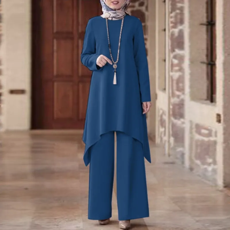 Wear Middle East Solid Color Round Neck Pullover Midi Skirt - Blue
