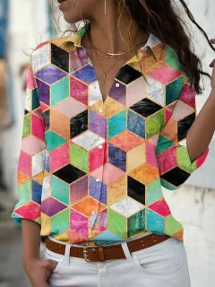 3D Printed Leisure Vacation Geometric Pattern Women's Long-sleeved Blouse - Ff01-Xxxl - View 1