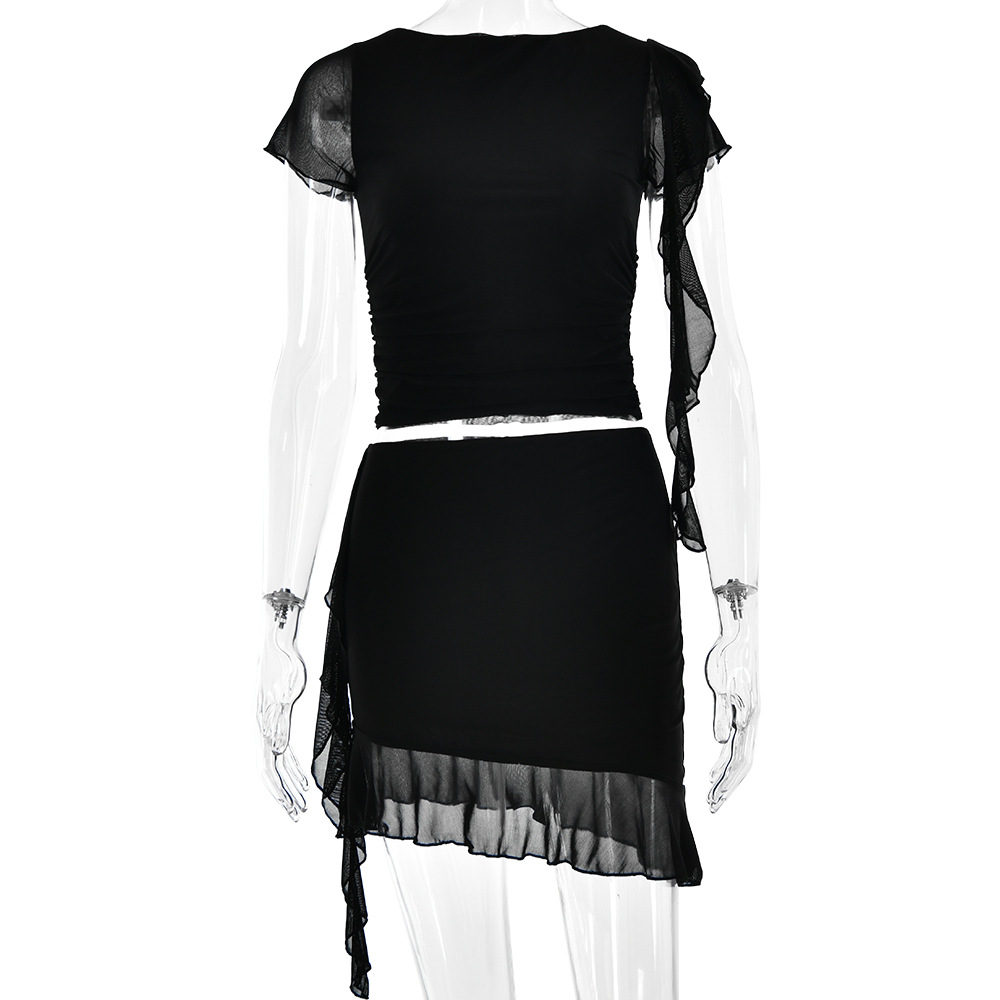 Female Temperament Slim Fit Pleated Short Sleeved Skirt Set