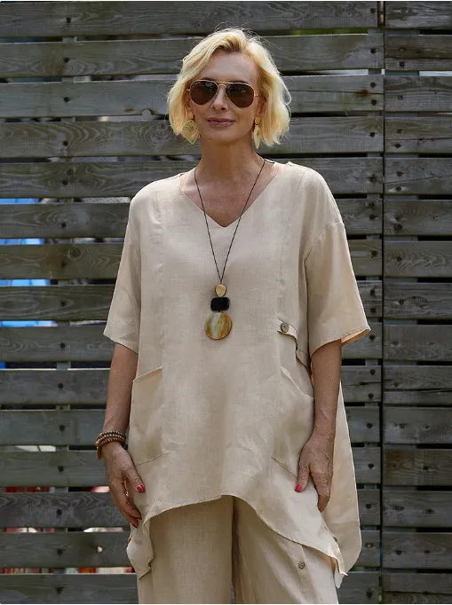 Women's Solid Color Cotton And Linen Shirt Apricot - Shop at LoveMi