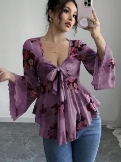 European And American Design Sense French Sweet Flower Blooming Lace-up Square Collar Long Sleeve Shirt - Dark Purple - View 1