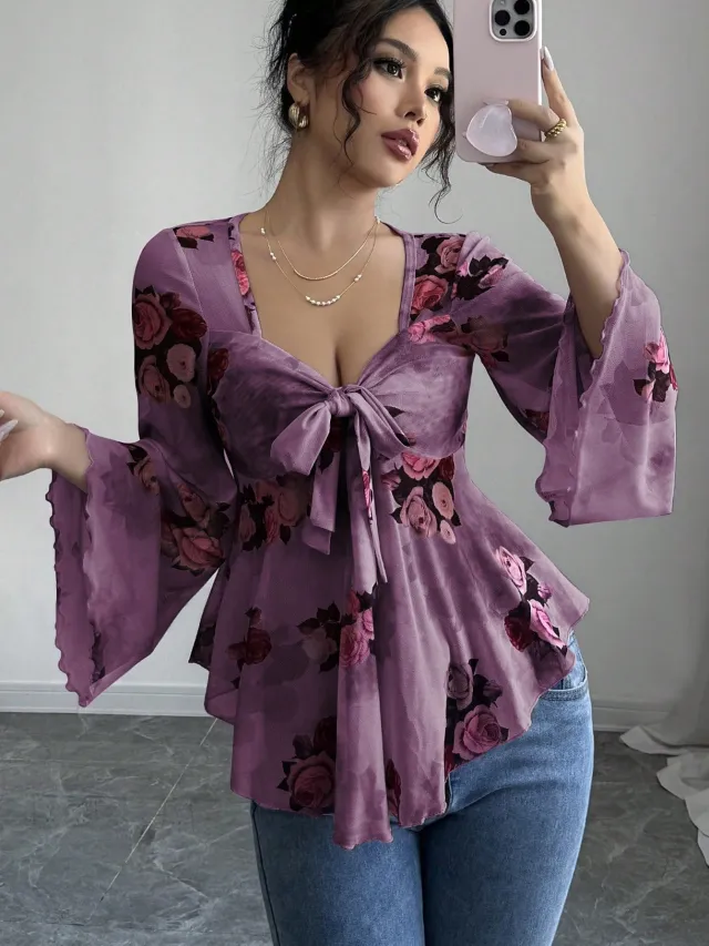 European And American Design Sense French Sweet Flower Blooming Lace up Square Collar Long Sleeve Shirt Dark Purple - Shop at LoveMi