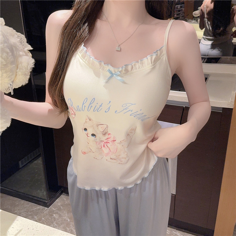 Pajamas Women's Summer And Autumn Cotton Cat Printing Three Suit