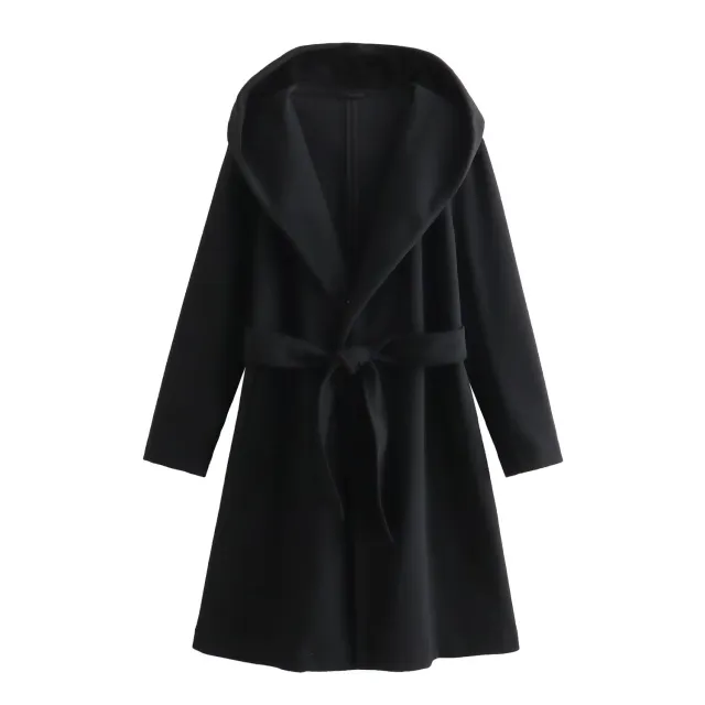 Women's Lace up Waist Elegant Hooded Woolen Coat Black - Shop at LoveMi