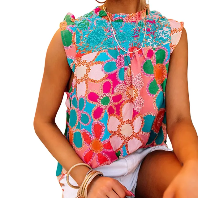 European And American Sleeveless Ruffled Printed Top For Women Pink - Shop at LoveMi