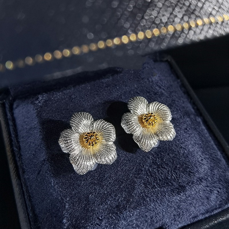 Silver Needle Decoration Wire Drawing Craft Gardenia Earrings