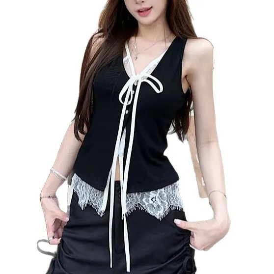 Camisole Vest Outer Wear Black Niche Chic Lace Fake Two piece Sleeveless Top Black - Shop at LoveMi