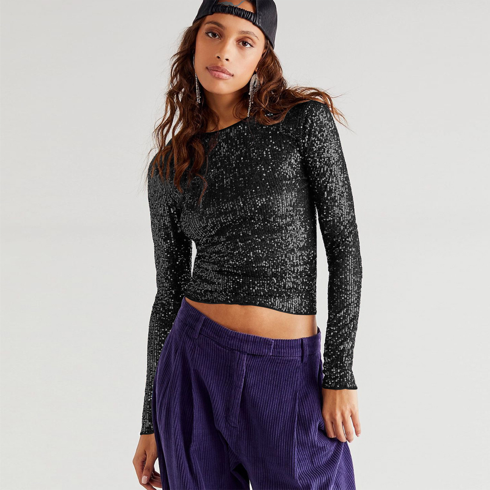 Women's Fashionable Sequins Solid Color Long Sleeve Slim-fit Top