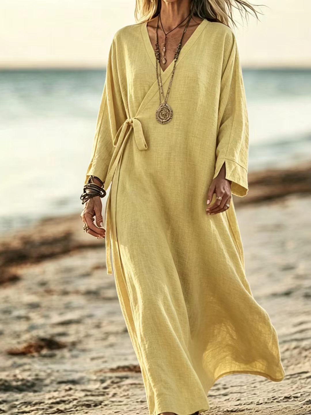 V-neck Crossover Strap Long-sleeve Resort Dress 47ecfe31 D8be 410d 981a 72b214f4c039