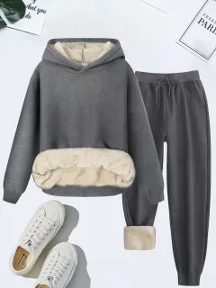 Women's US Size Suit Winter Warm Hoodie Lambswool Hooded Hooded Pullover Tops - Dark Gray - View 1