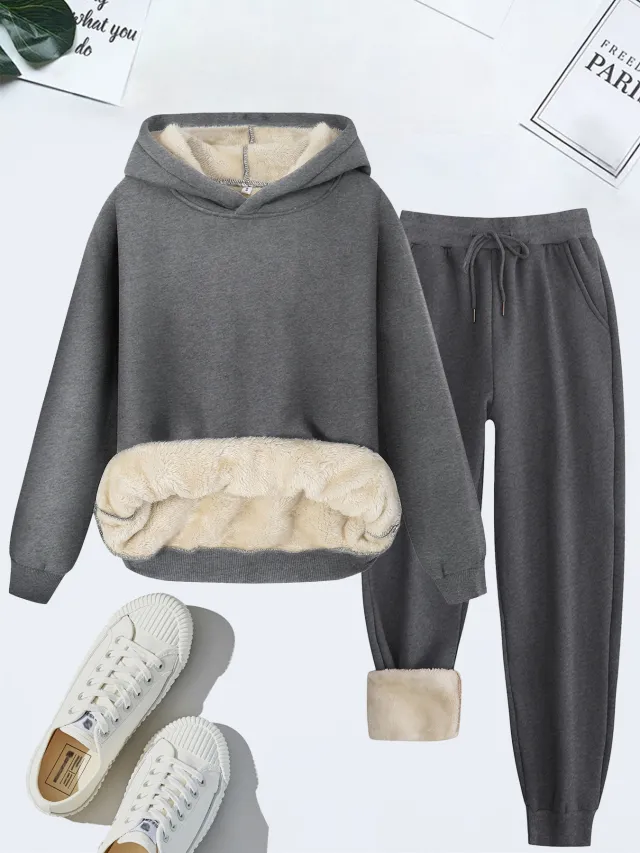 Women's US Size Suit Winter Warm Hoodie Lambswool Hooded Hooded Pullover Tops Dark Gray - Shop at LoveMi