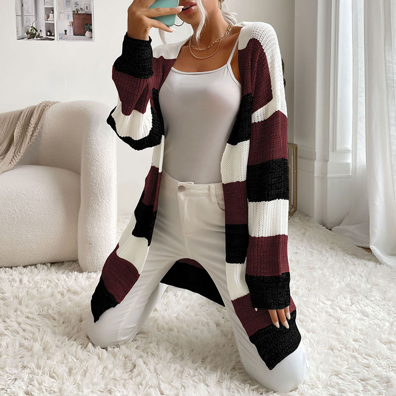 Women's Graceful And Fashionable Button free Colorblock Sweater Coat Wine - Shop at LoveMi