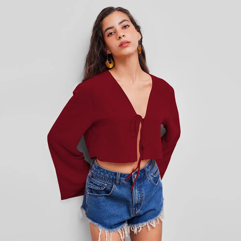European And American Sexy V-neck T-shirt Autumn And Winter Chest Tie Small Batch Wine Red Cardigan Women - Wine Red