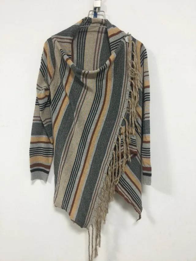 Long Slim Fit Fashion Tassel Stripe Coat Sweater Gray Yellow Pattern - Shop at LoveMi
