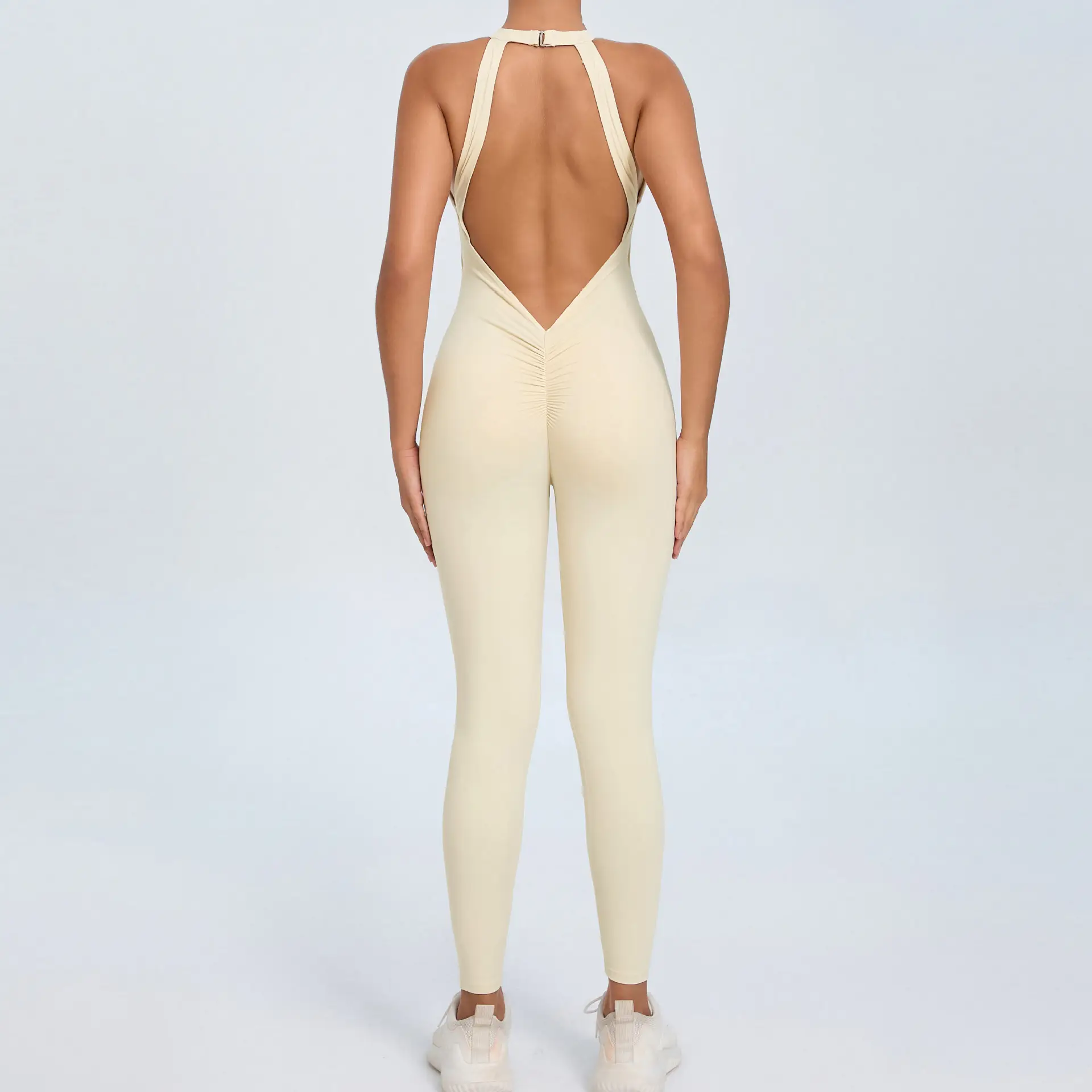 Womens Back-Clasp Yoga Bodysuit With Peach-Hip Design And Open Back