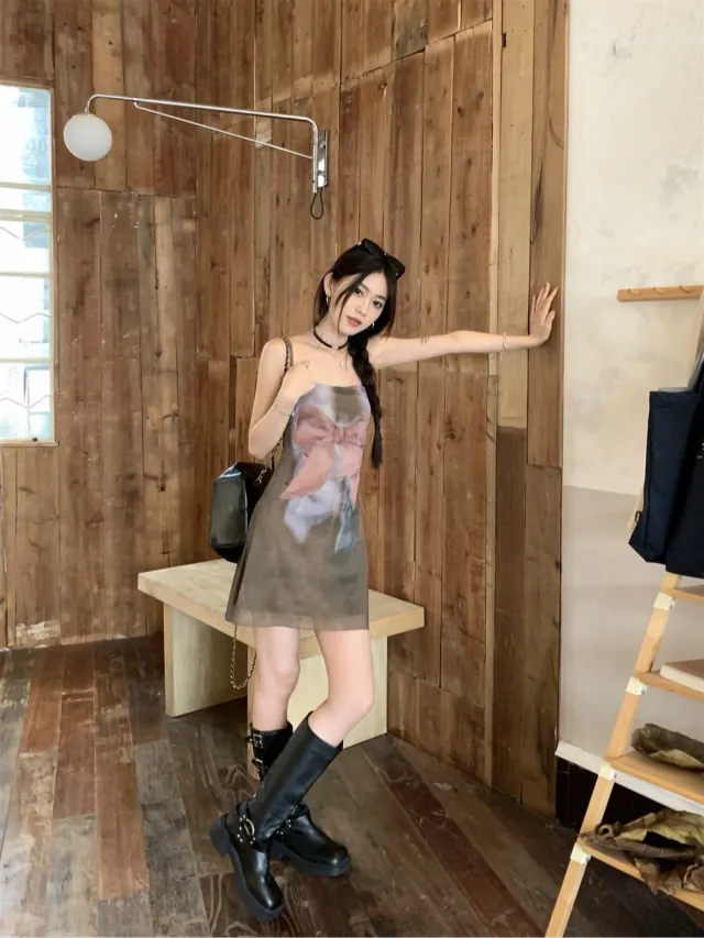 Retro Slim Fit Slim And Sexy Cinched Mesh Printed Sheath Dress Short Suspender Skirt - Shop at LoveMi