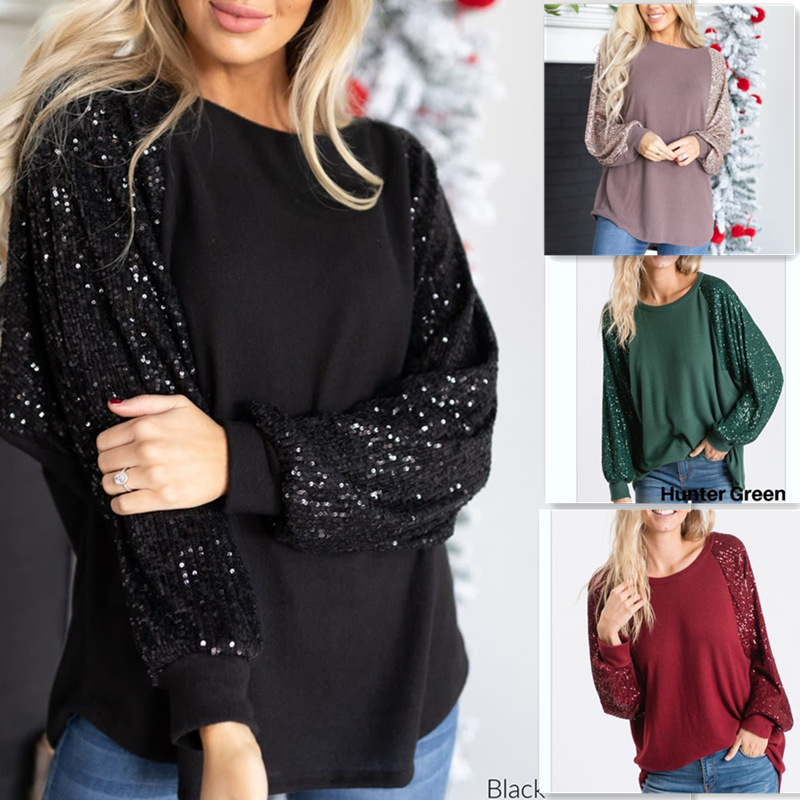Women's Fashionable Sequins Stitching Round Neck Loose Top