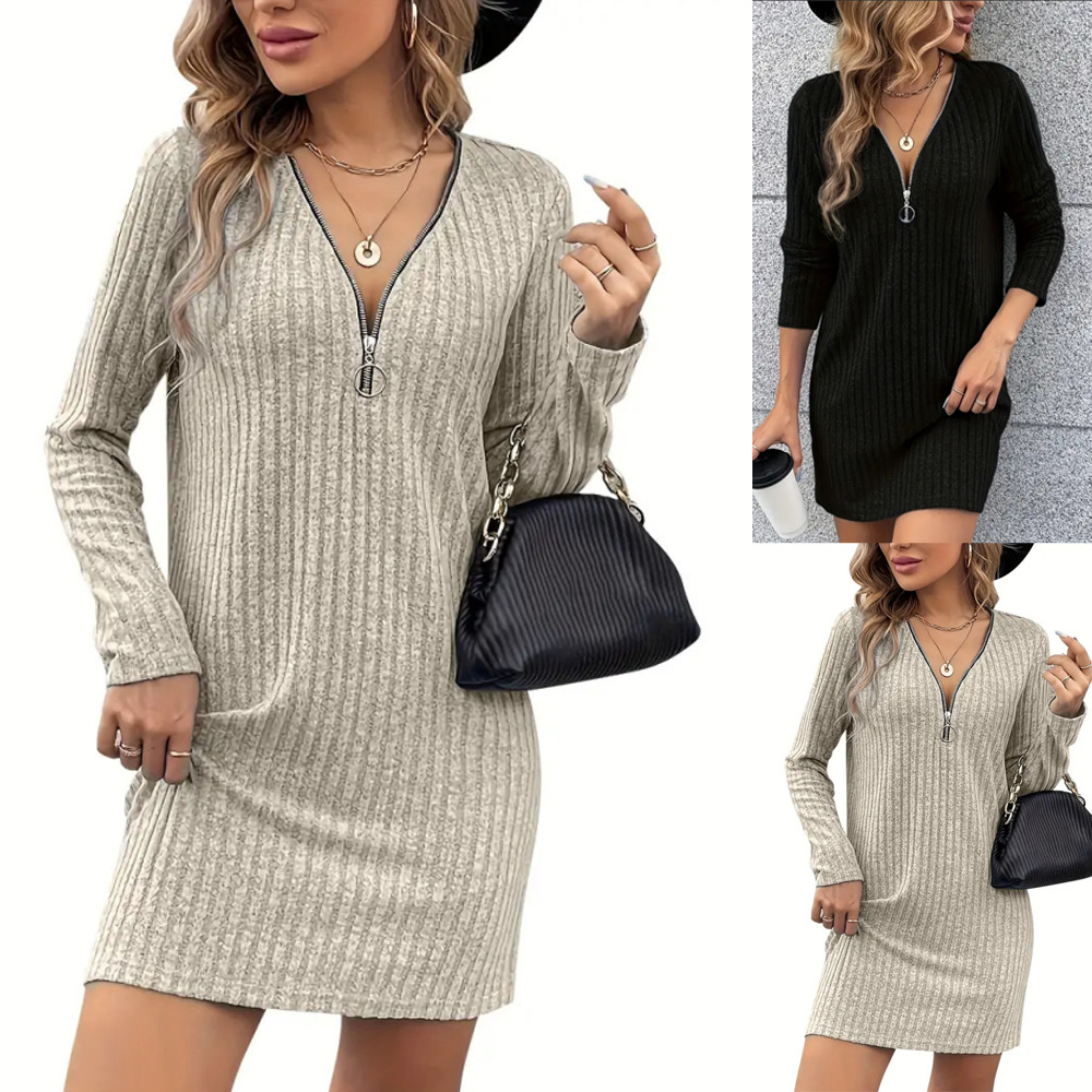 Elegant V-neck Zipper Sunken Stripe Ladies Dress