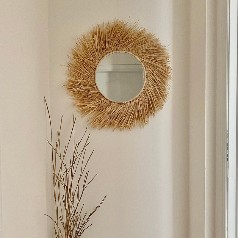 Pastoral-style Raffia Wicker Glass Mirror